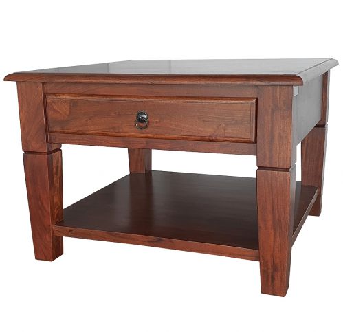 Klasyczny stolik drewniany z szufladą brąz 80x80